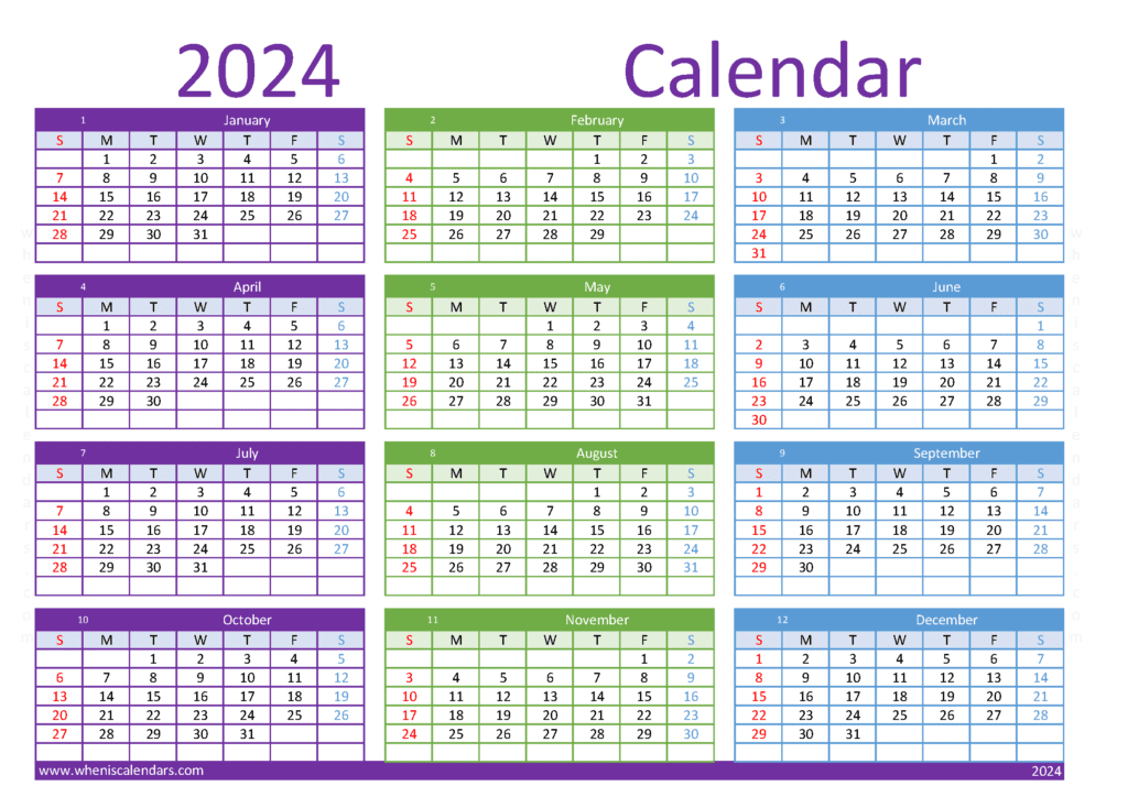 Download free printable yearly calendar 2024 A4 Horizontal (O4Y105)