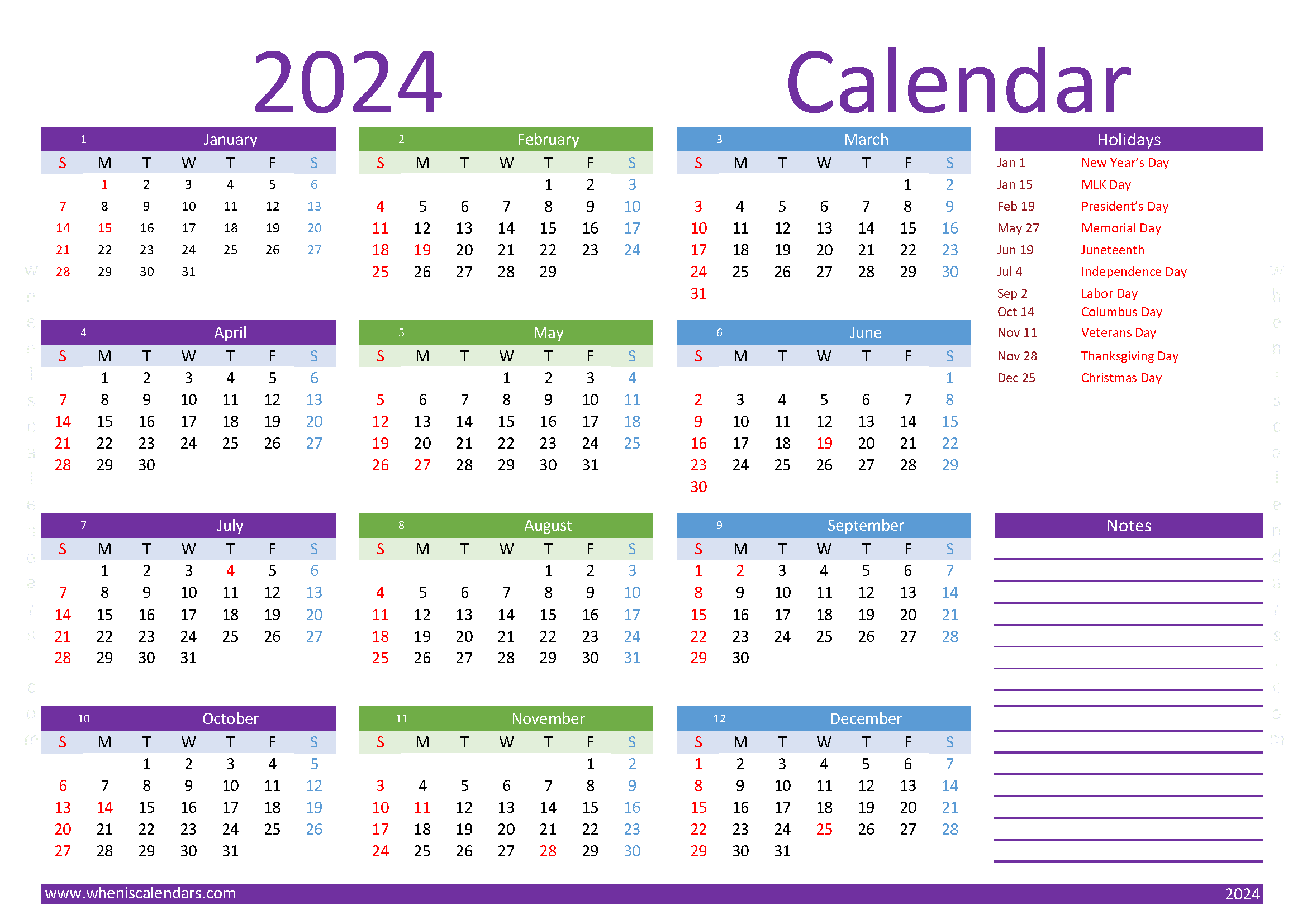 free printable 2024 Calendar with Holidays A4 in horizontal landscape