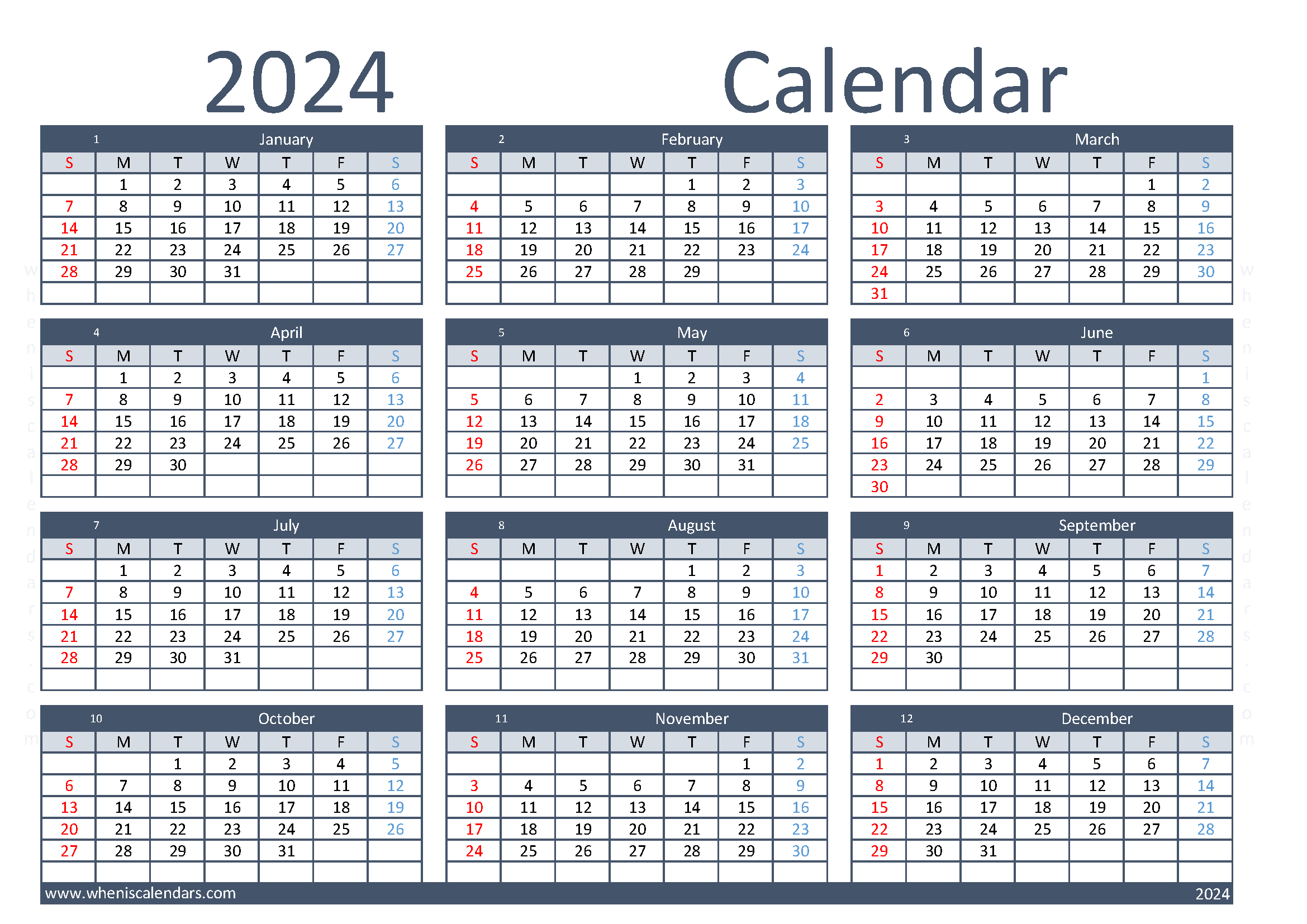 free printable 2024 Calendar yearly A4 in horizontal landscape colorful design