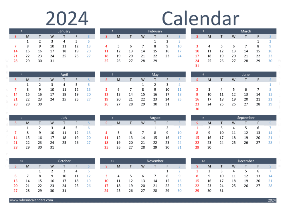 Download blank printable calendar 2024 A4 Horizontal (O4Y108)