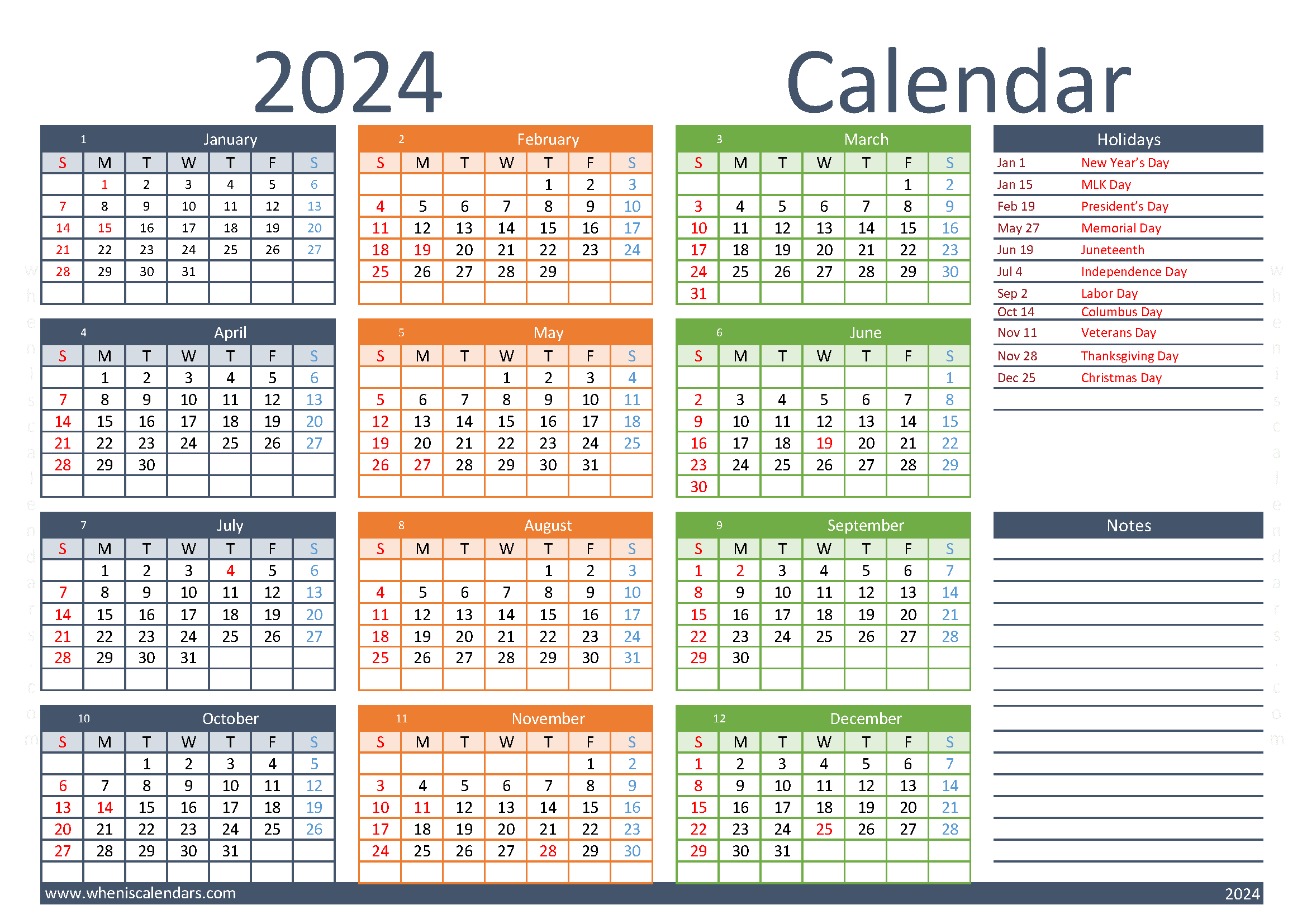 free printable Calendar 2024 with Holidays A4 in horizontal landscape