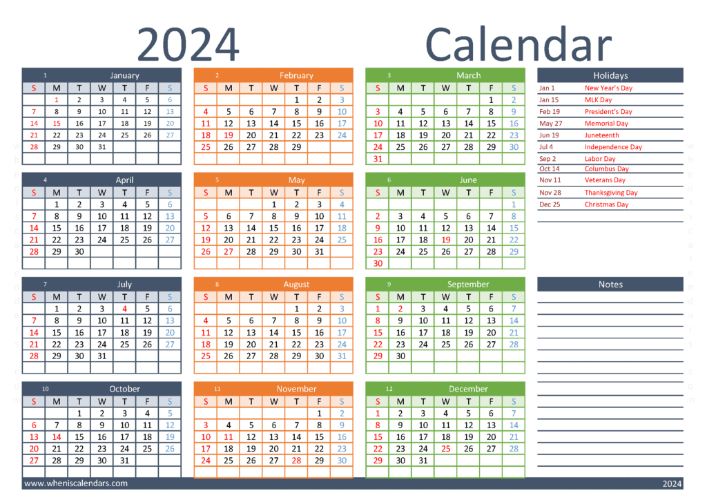 Download 2024 printable calendar by month A4 Horizontal (O4Y021)