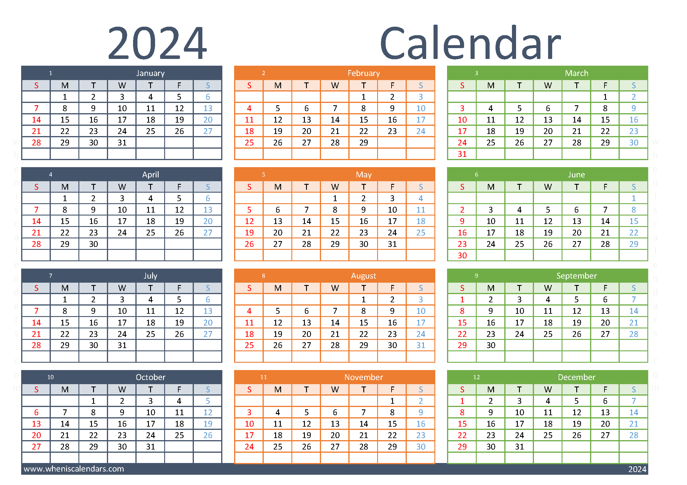 free printable 2024 Calendar yearly A4 in horizontal landscape colorful design