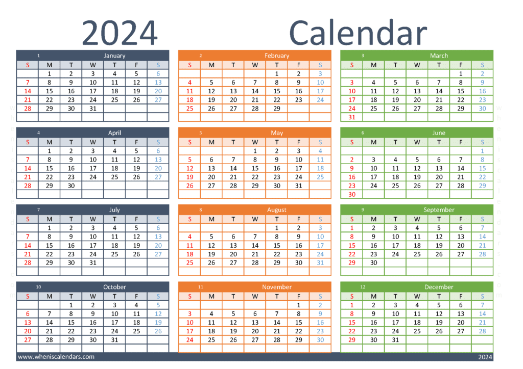 Download calendar 2024 to print A4 Horizontal (O4Y109)
