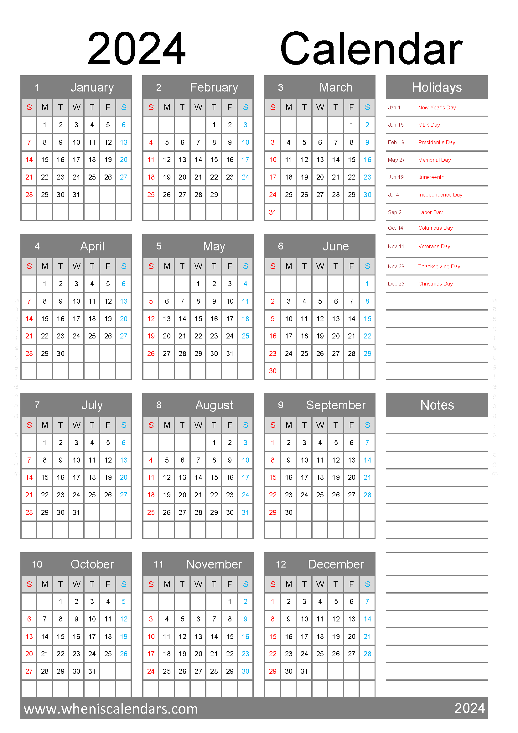 free printable Calendar 2024 with Holidays A4 in vertical portrait