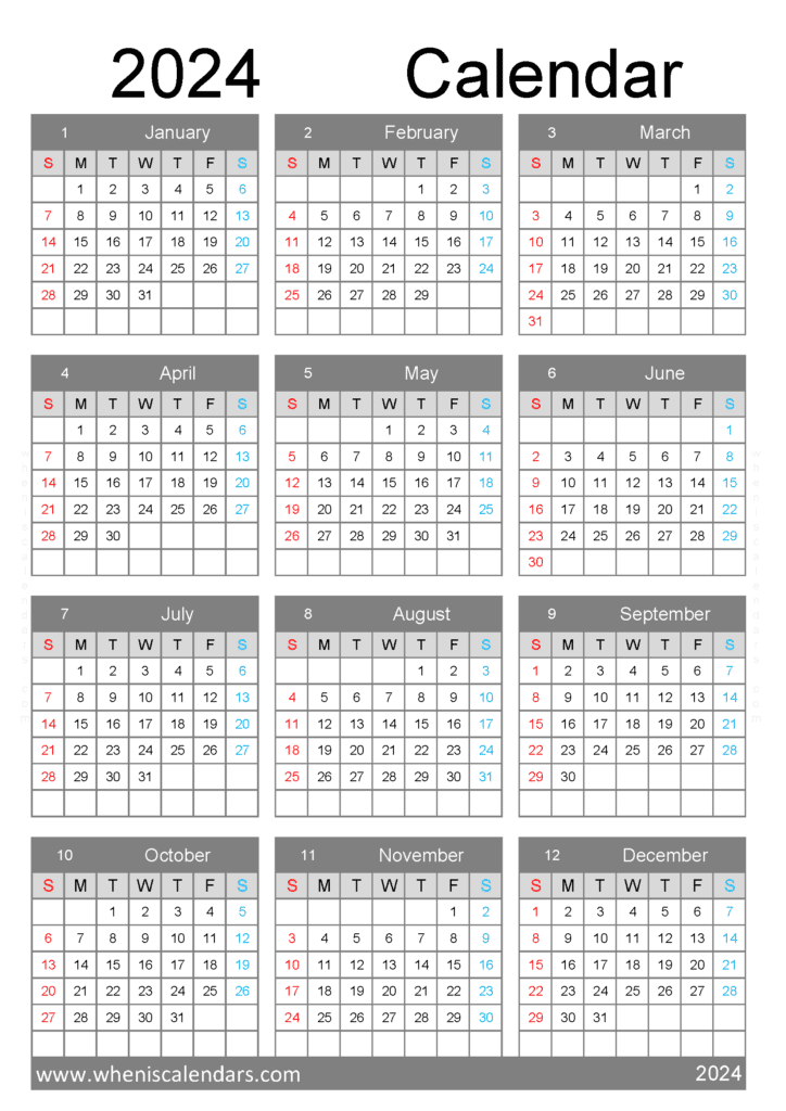 Download 2024 free calendar template A4 Vertical (O4Y111)