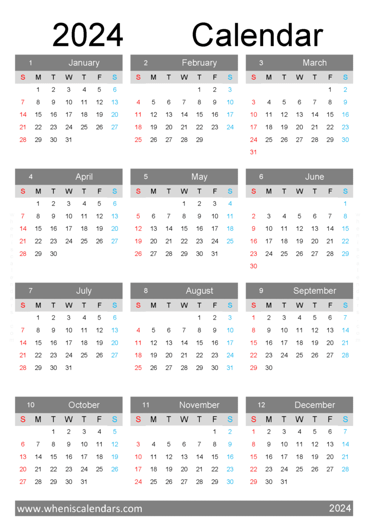 Download printfree calendar 2024 A4 Vertical (O4Y112)