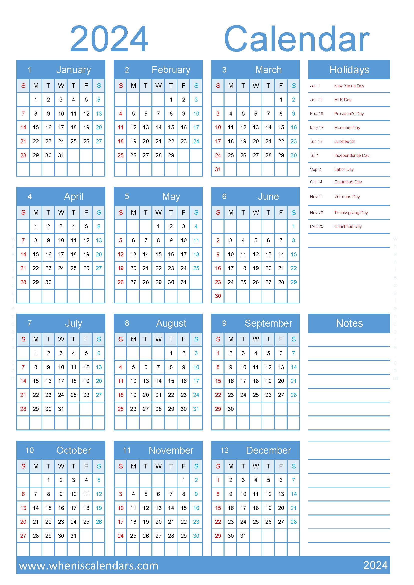 free Calendar 2024 with Holidays printable A4 in vertical portrait