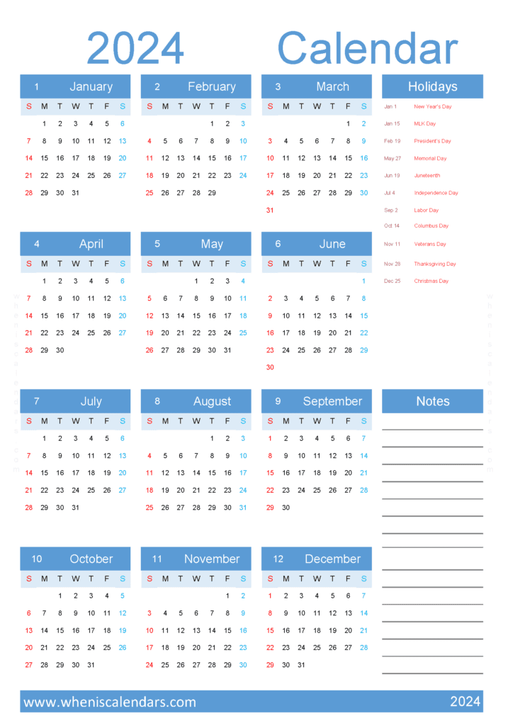 Download calendar printable 2024 A4 Vertical (O4Y026)