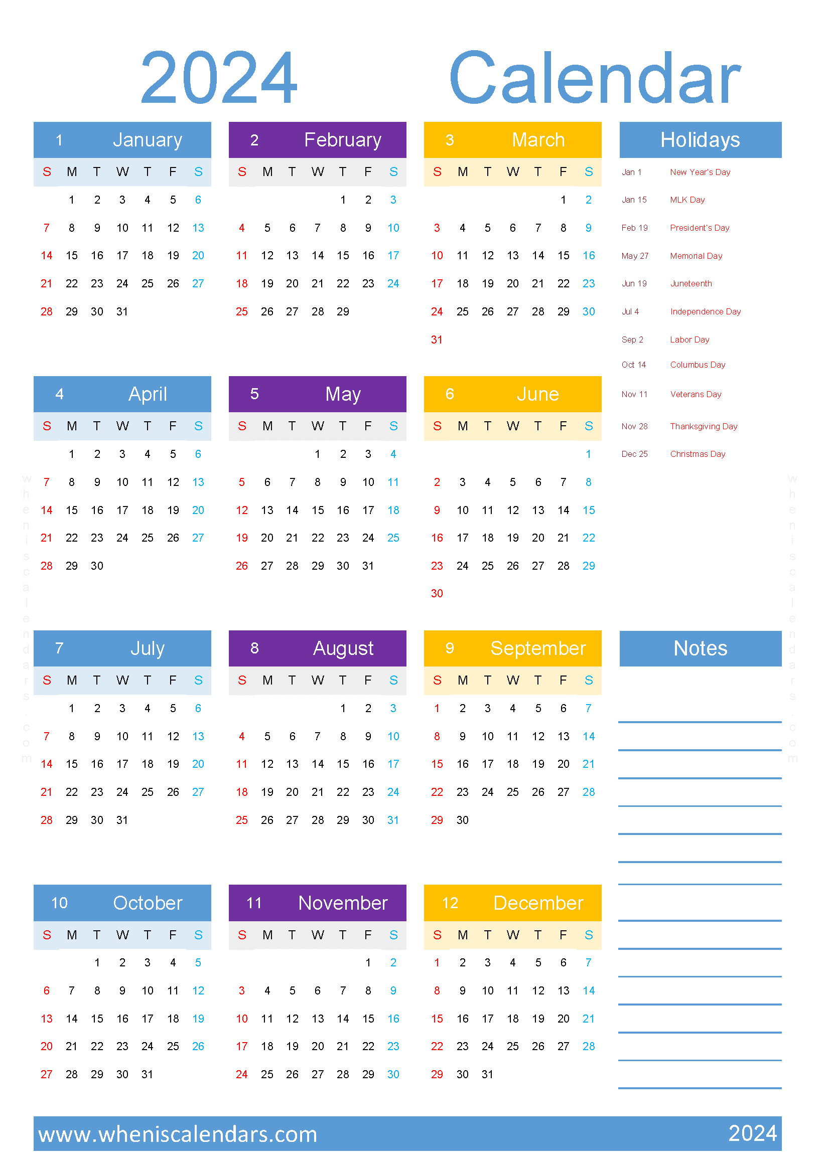 Download free 2024 calendar template A4 Vertical (O4Y028)