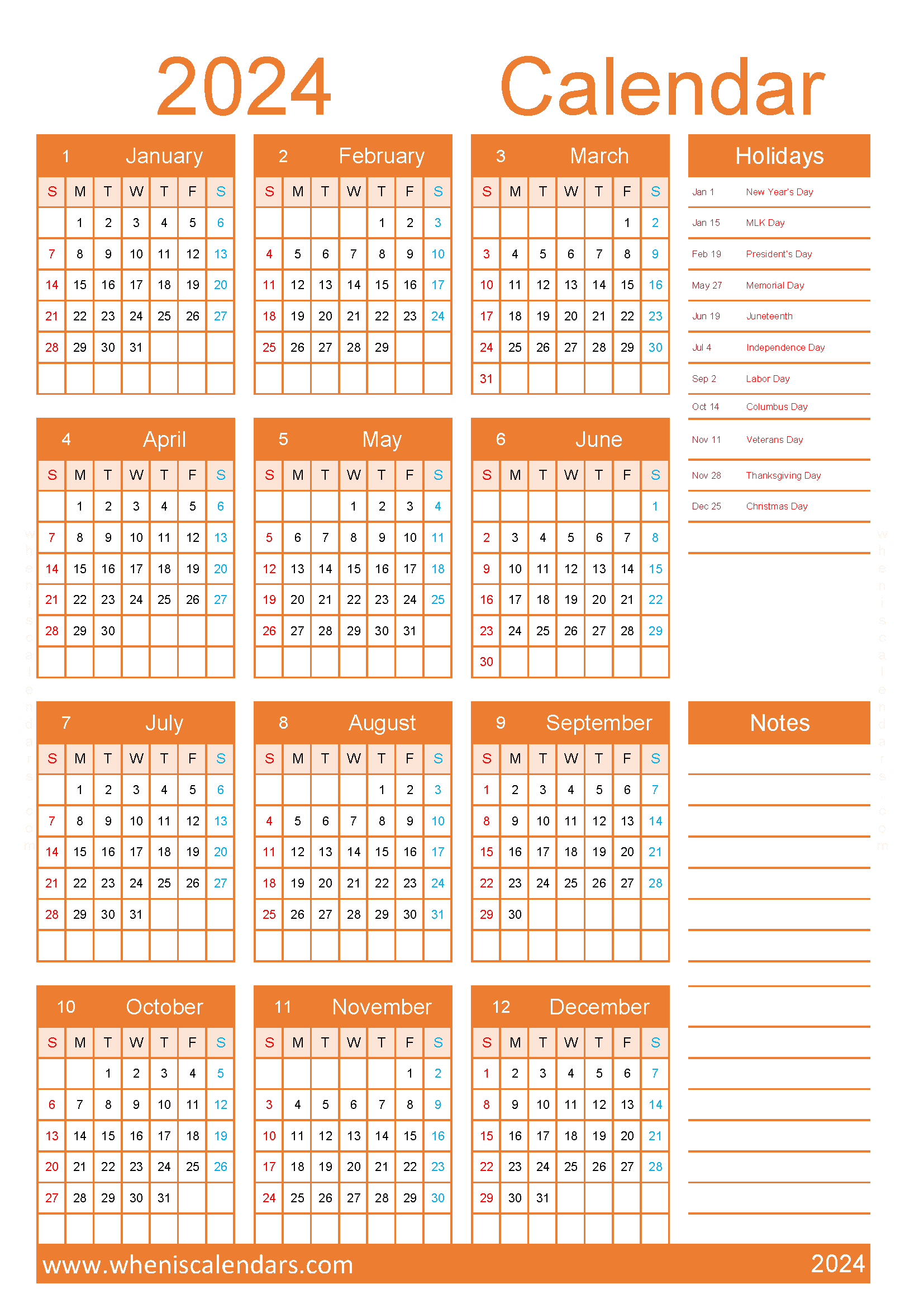 free 2024 Calendar with Holidays printable A4 in vertical portrait