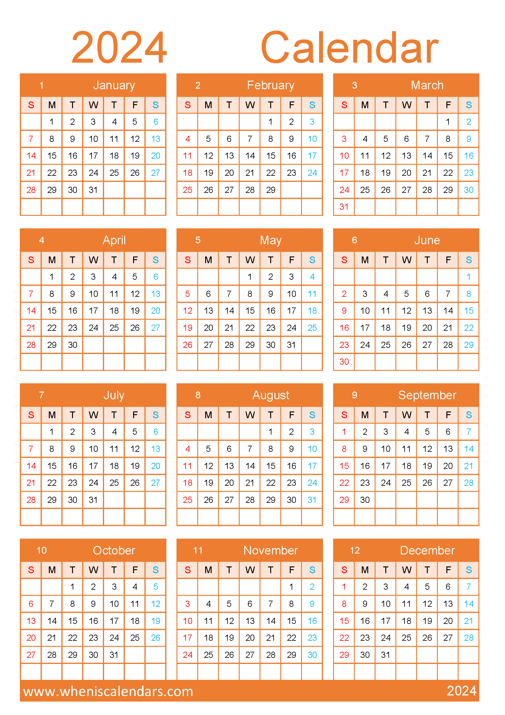 Download 2024 free printable calendar with holidays A4 Vertical (O4Y117)