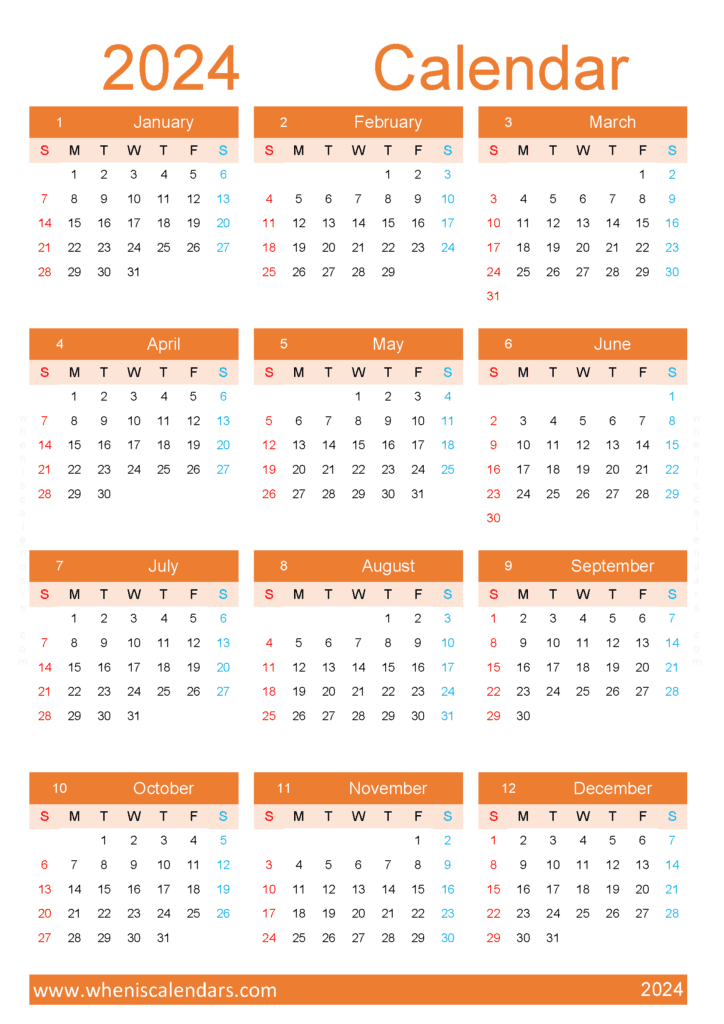 Download 2024 printable calendar with holidays A4 Vertical (O4Y118)