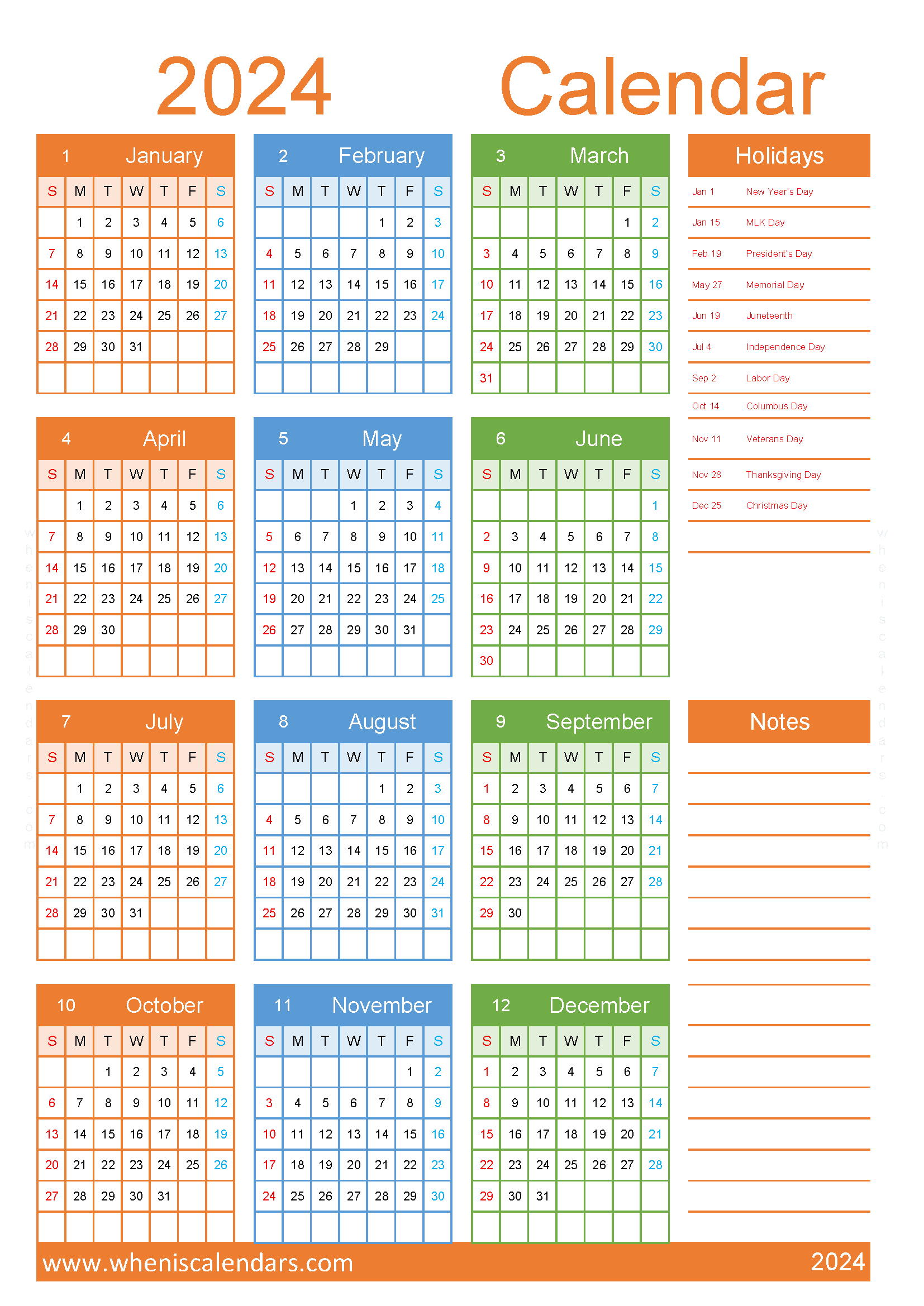 2024 Calendar with Holidays printable free A4 in vertical portrait