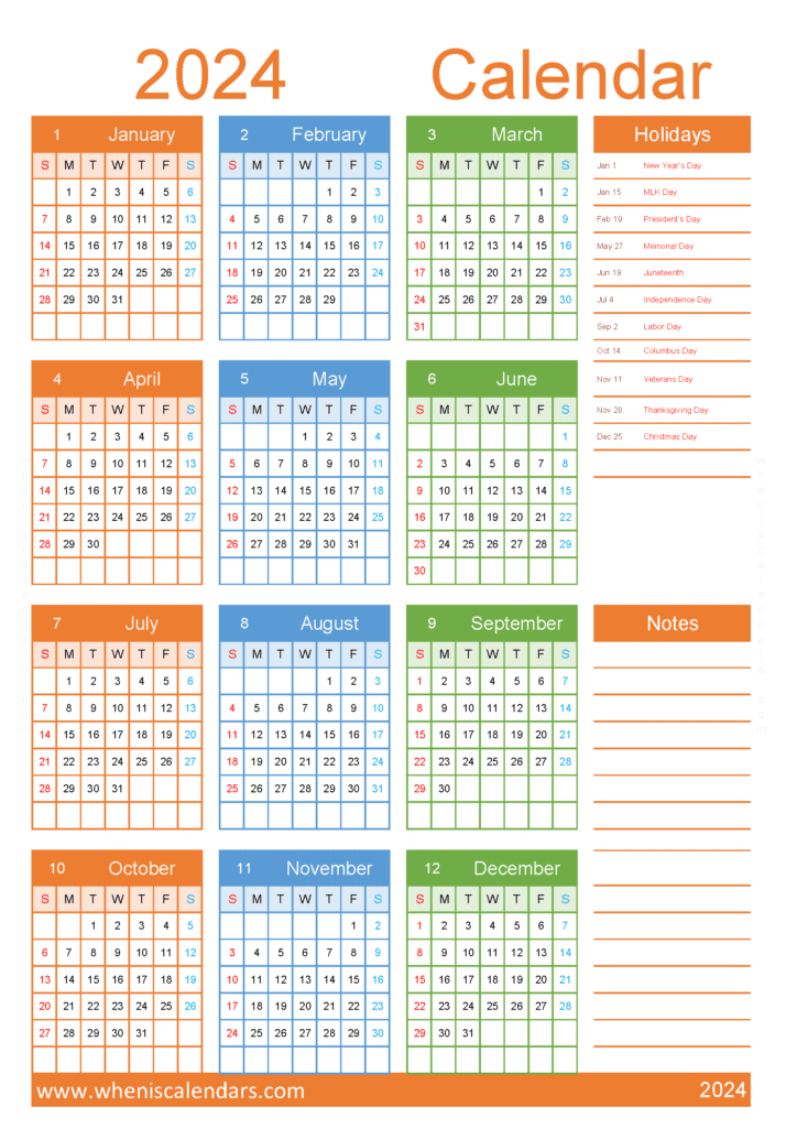 Download free printable 2024 calendar with holidays A4 Vertical (O4Y031)