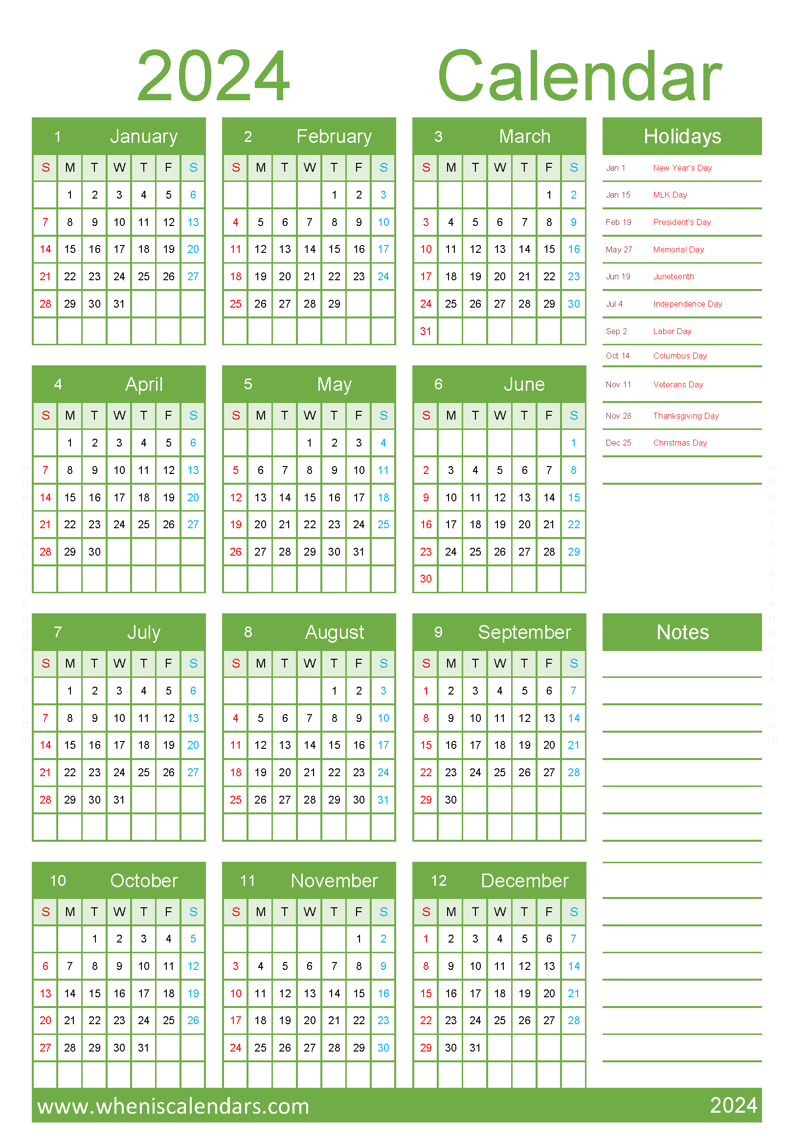 2024 Calendar with Holidays printable free A4 in vertical portrait