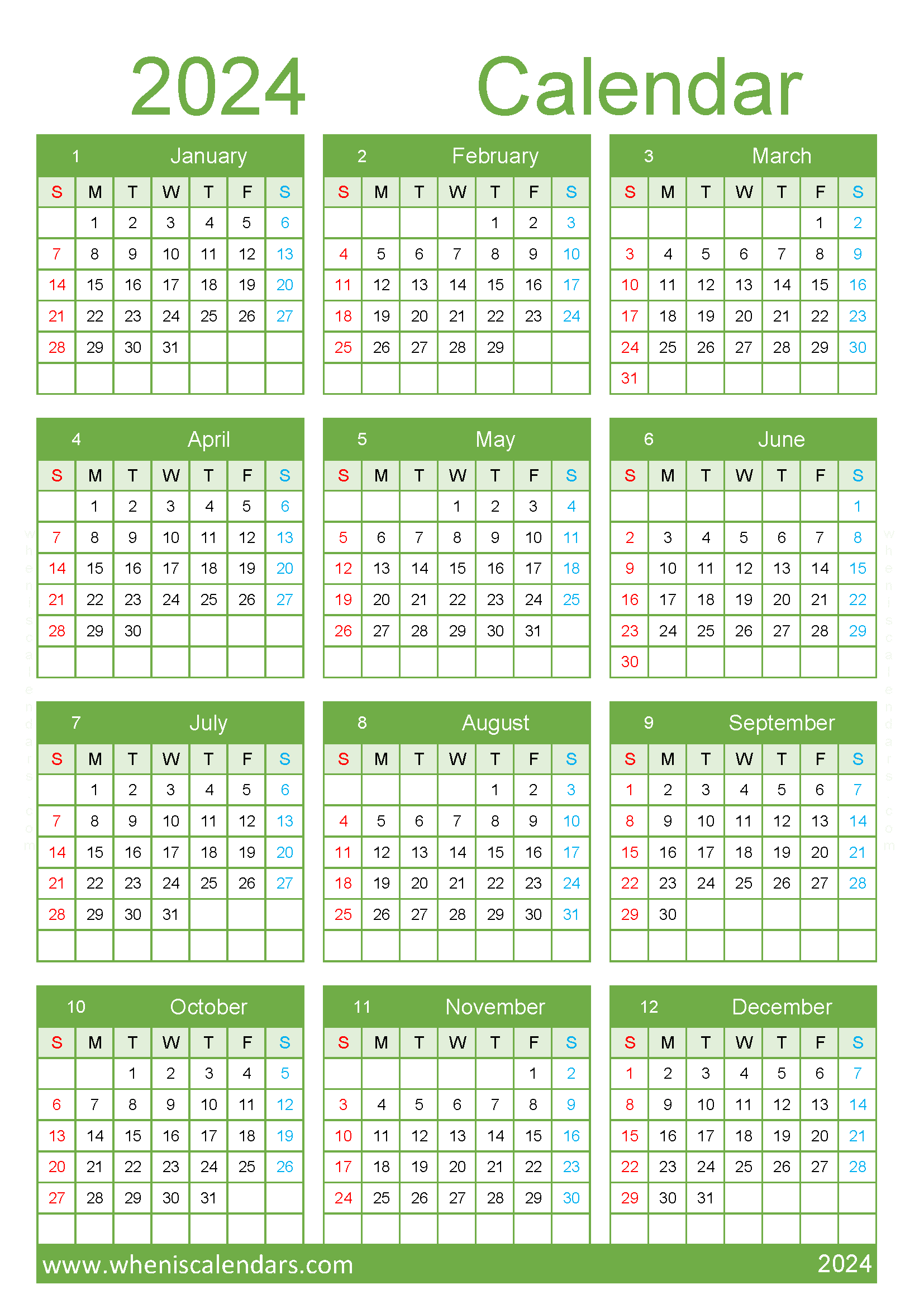 Download blank 2024 calendar template A4 Vertical (O4Y121)