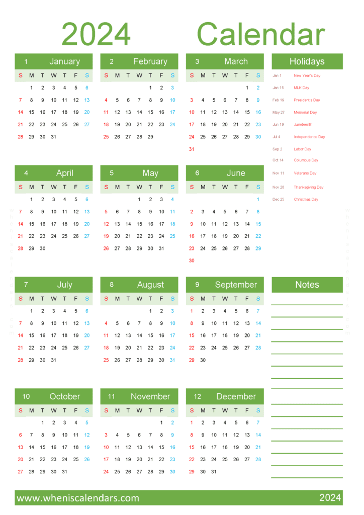 Download 2024 calendar free printable A4 Vertical (O4Y034)