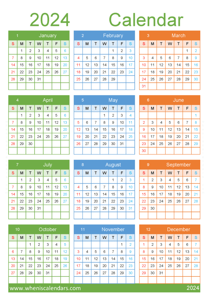 Download 2024 printable calendar months A4 Vertical (O4Y123)