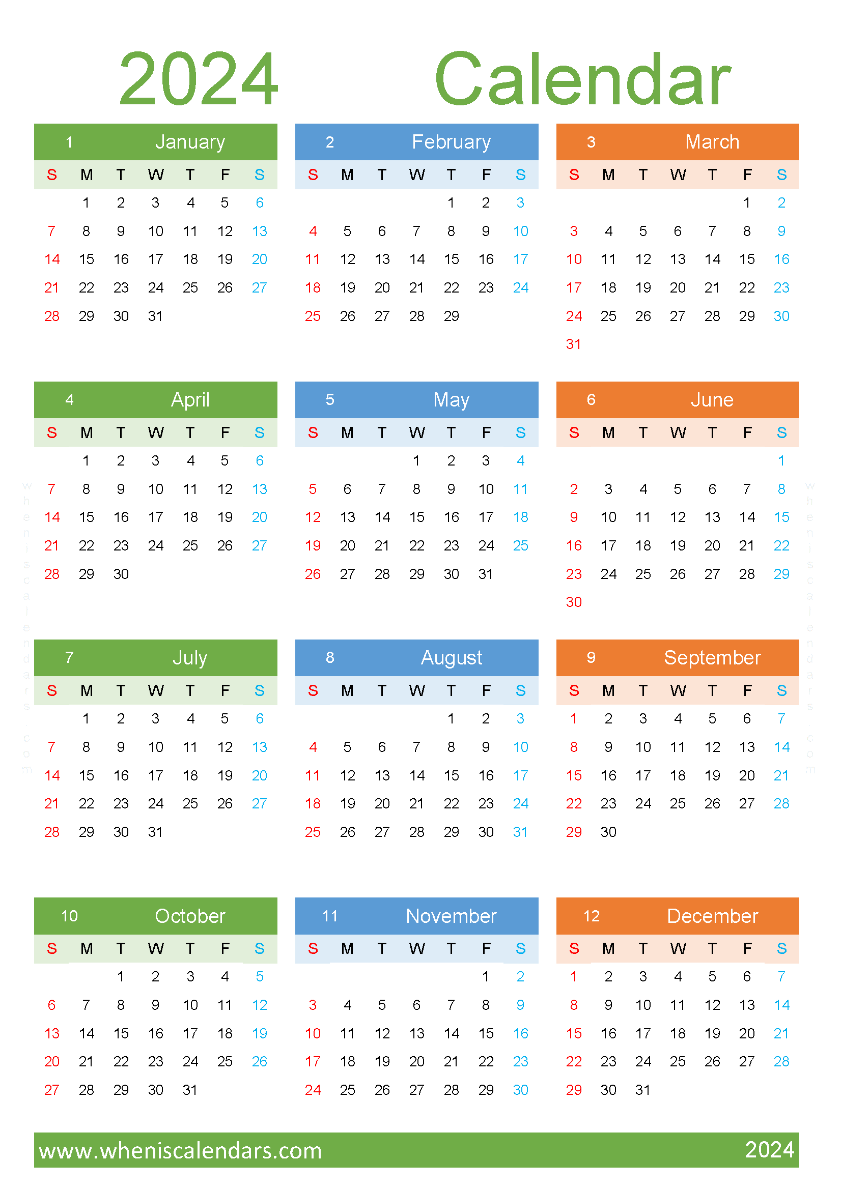 Download printable 2024 monthly calendar with holidays A4 O24Y301