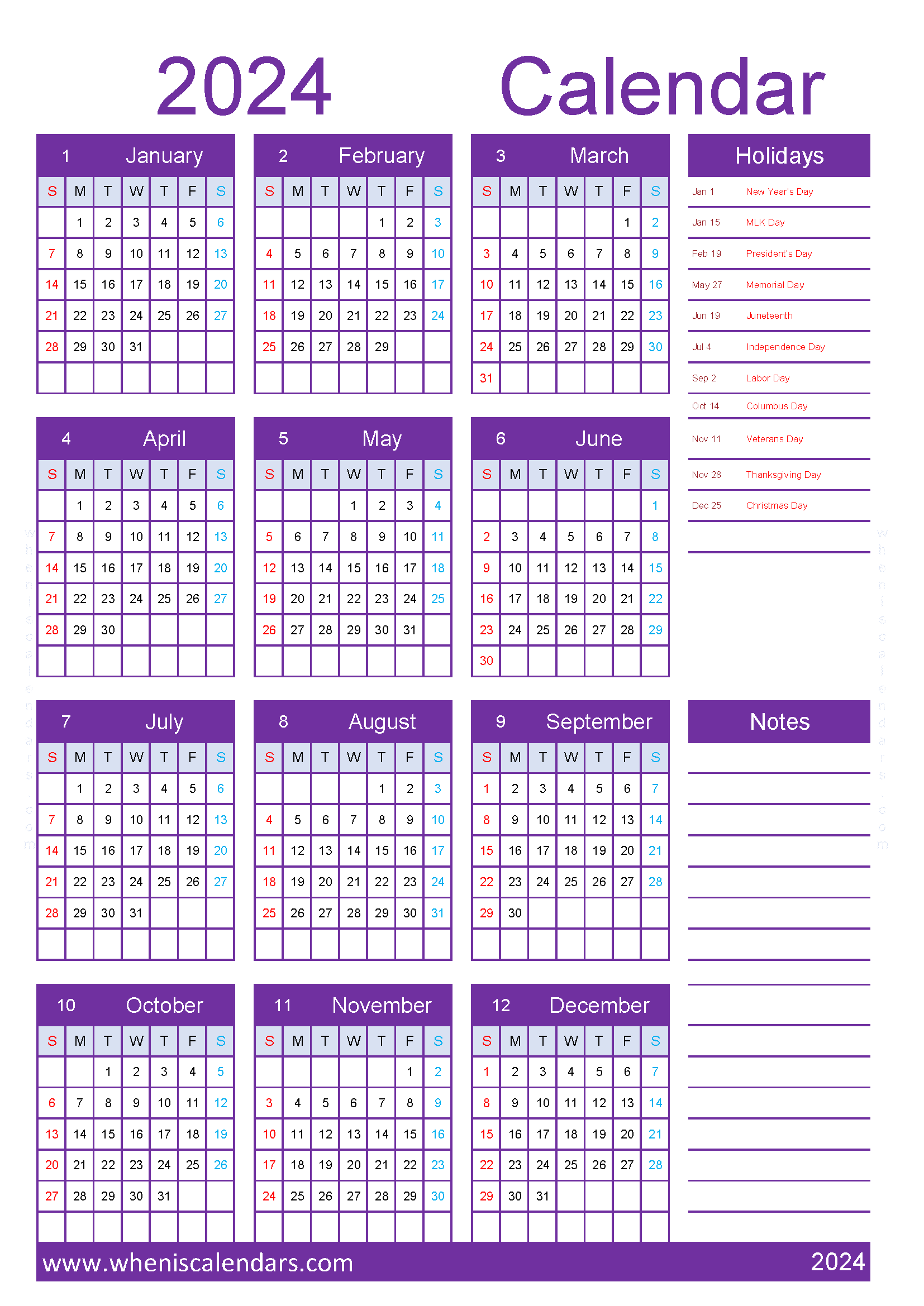 Calendar 2024 with Holidays printable free A4 in vertical portrait