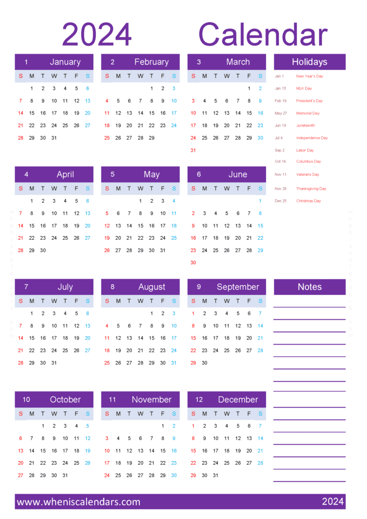 Download blank calendar template 2024 A4 Vertical (O4Y038)
