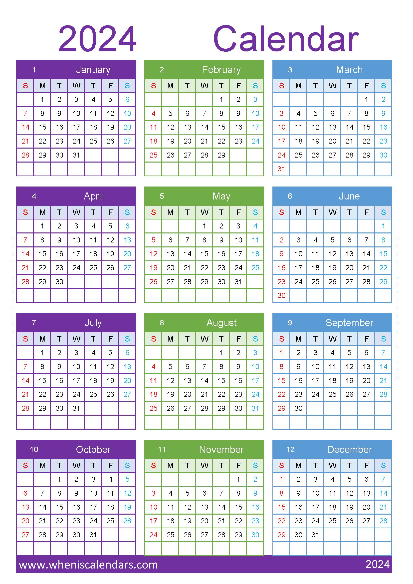 Download 2024 calendar free printable one page A4 Vertical (O4Y127)