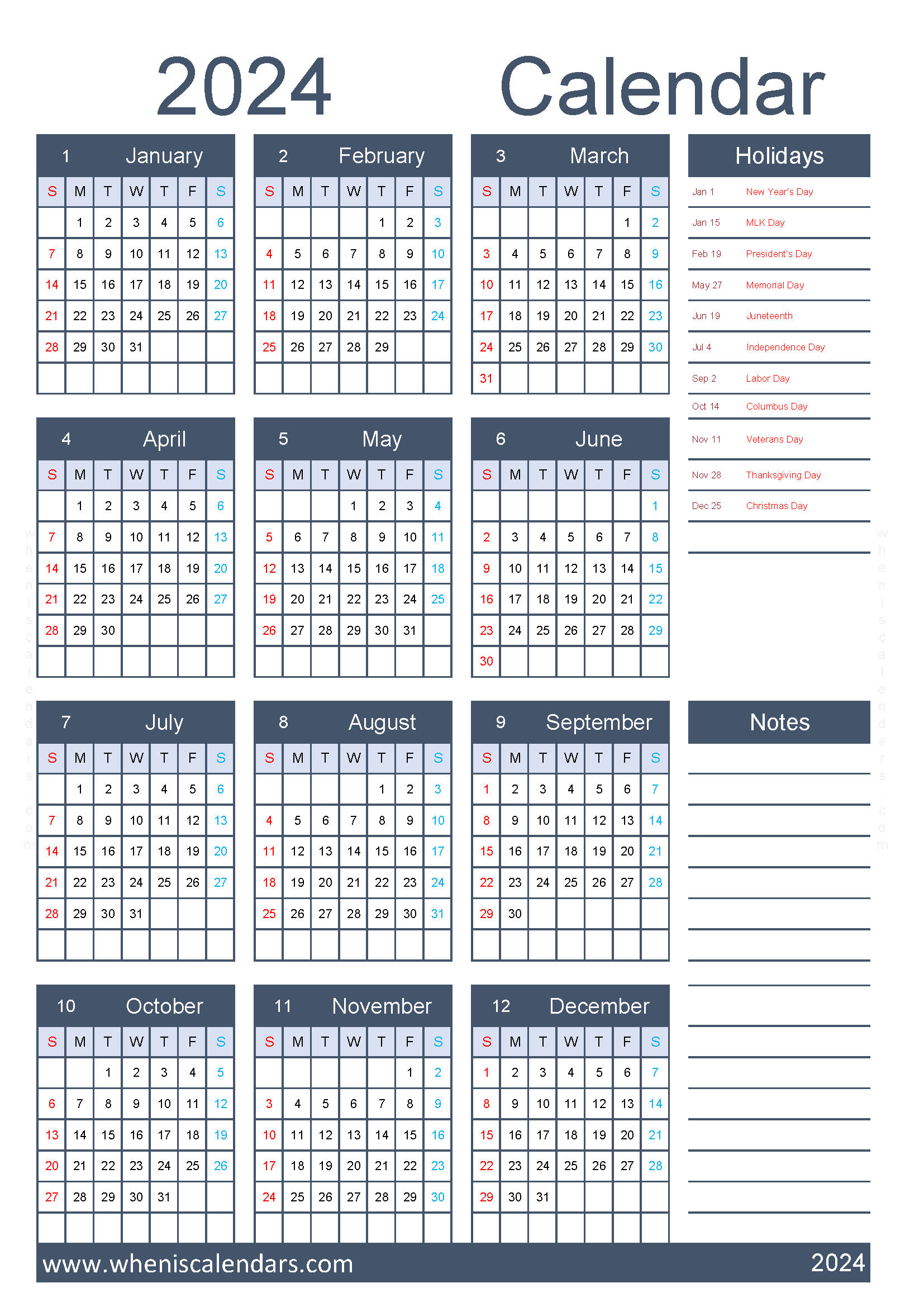 printable Calendar 2024 with Holidays free A4 in vertical portrait