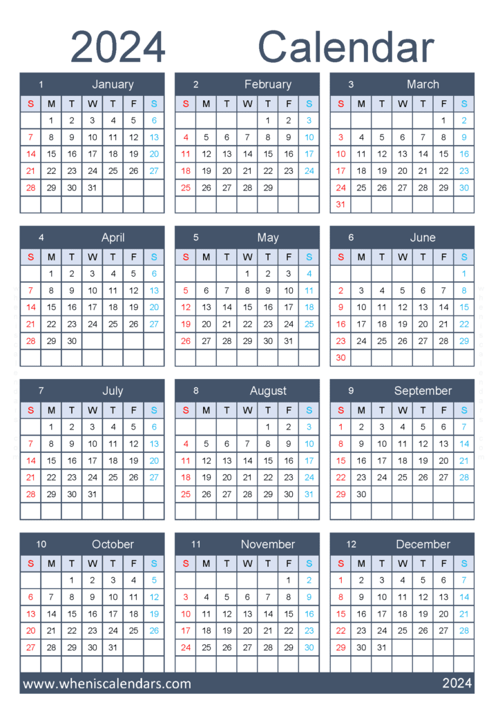 Download free calendar 2024 printable A4 Vertical (O4Y129)