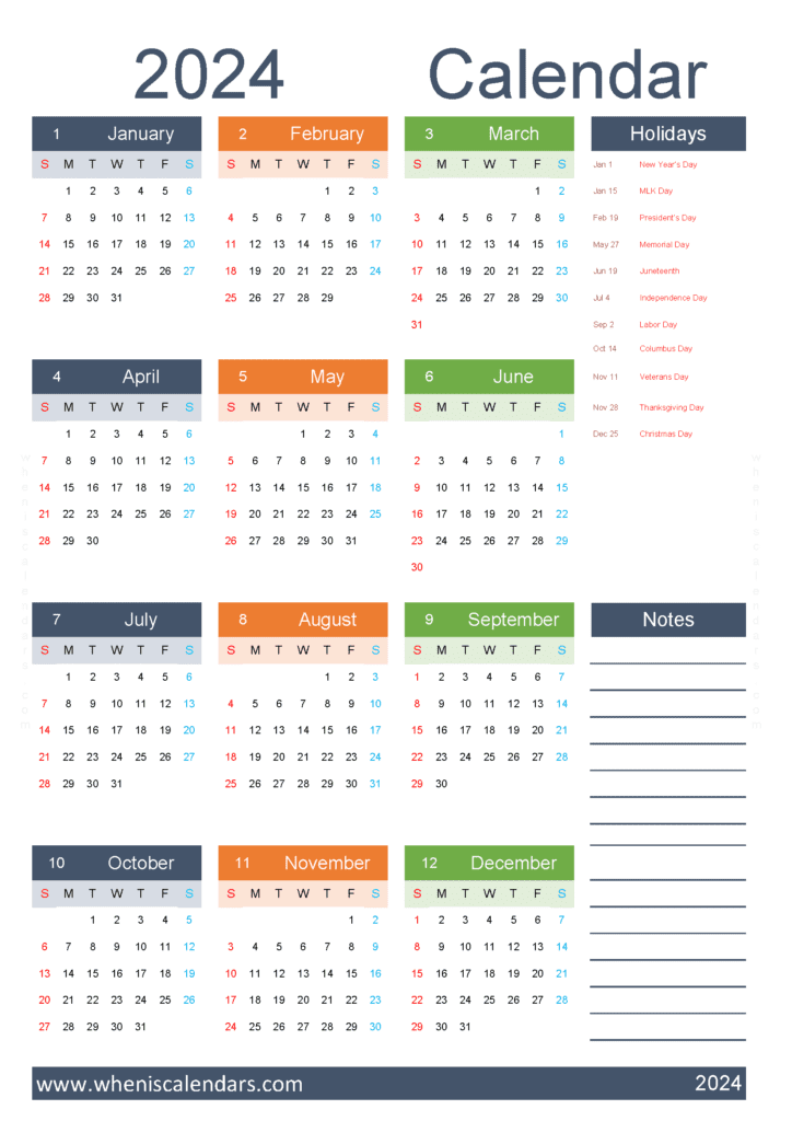 Download 2024 yearly calendar template A4 Vertical (O4Y044)