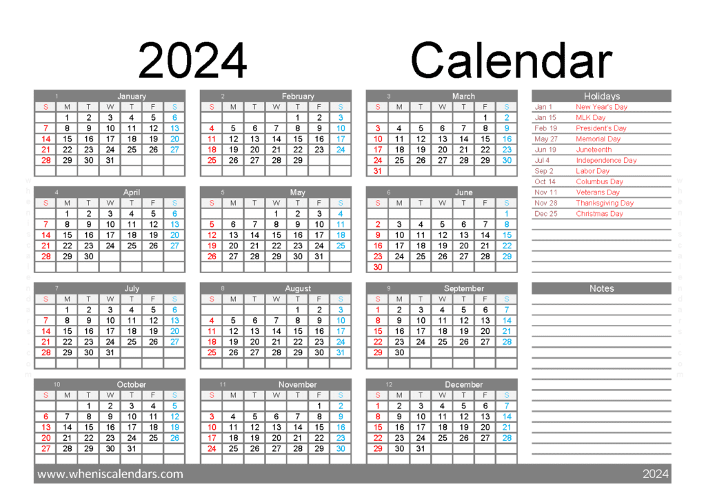 Download printable calendar 2024 free A5 Horizontal (O4Y045)