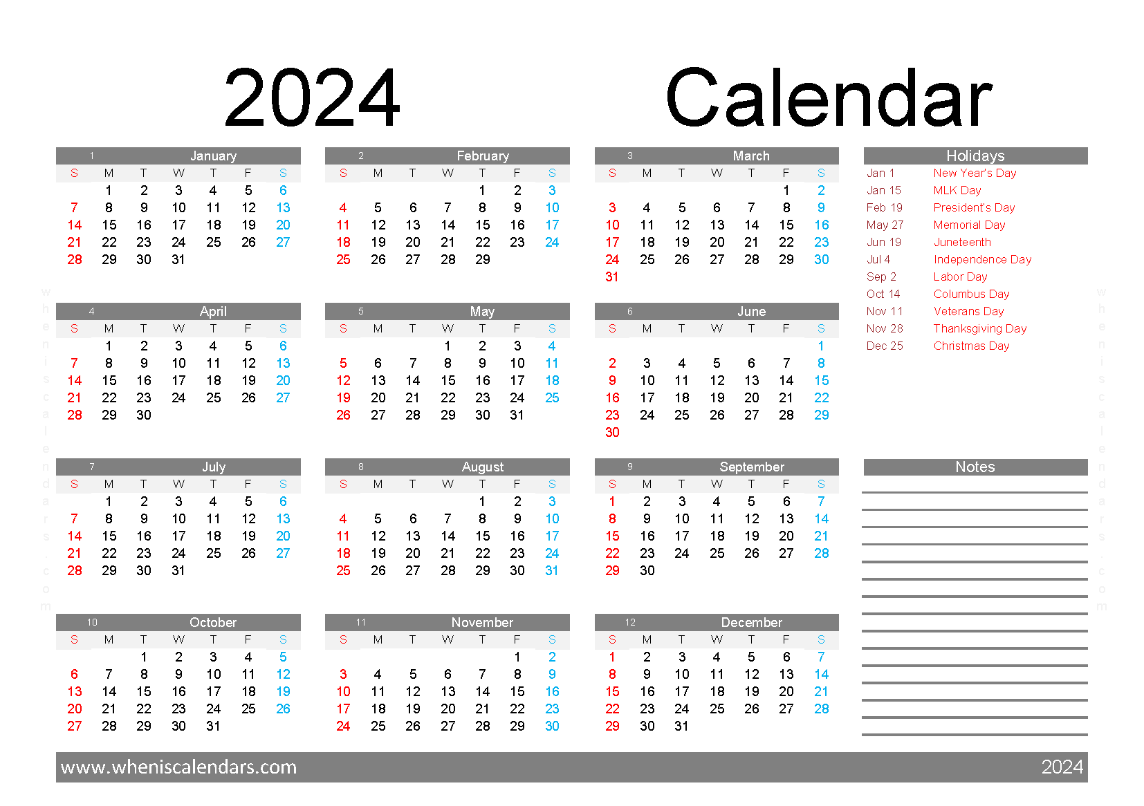 Download free 2024 Calendar with Holidays printable A5 in horizontal landscape