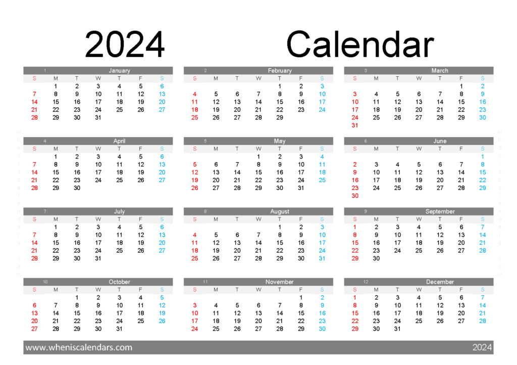 free printable Calendar 2024 one year in one page A5 in Horizontal landscape colorful design