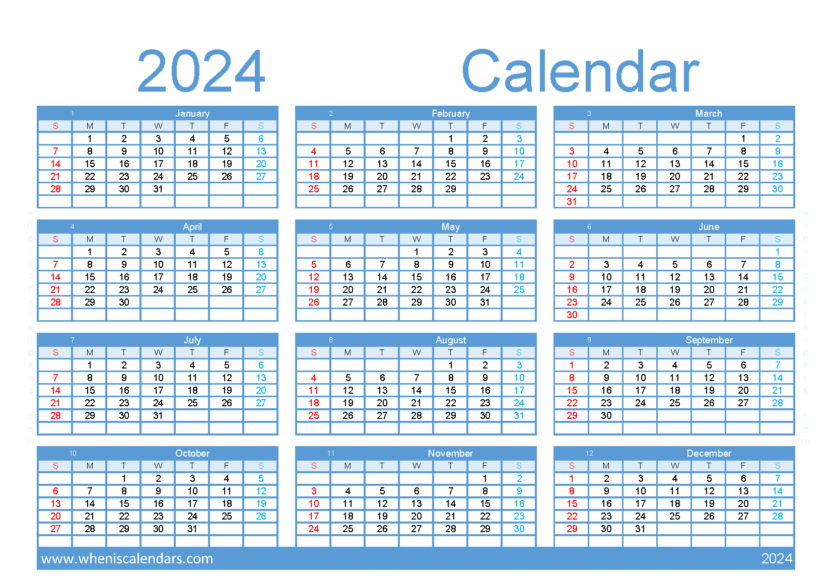 free printable Calendar 2024 one year in one page A5 in Horizontal landscape colorful design