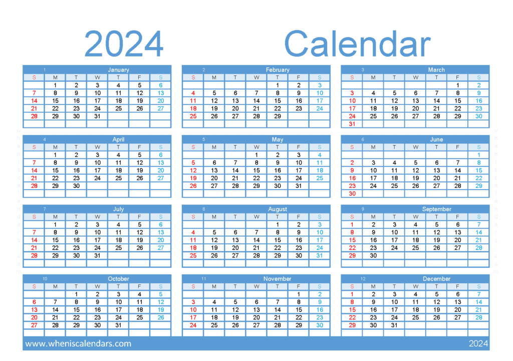 Download 2024 fillable calendar A5 Horizontal (O4Y135)