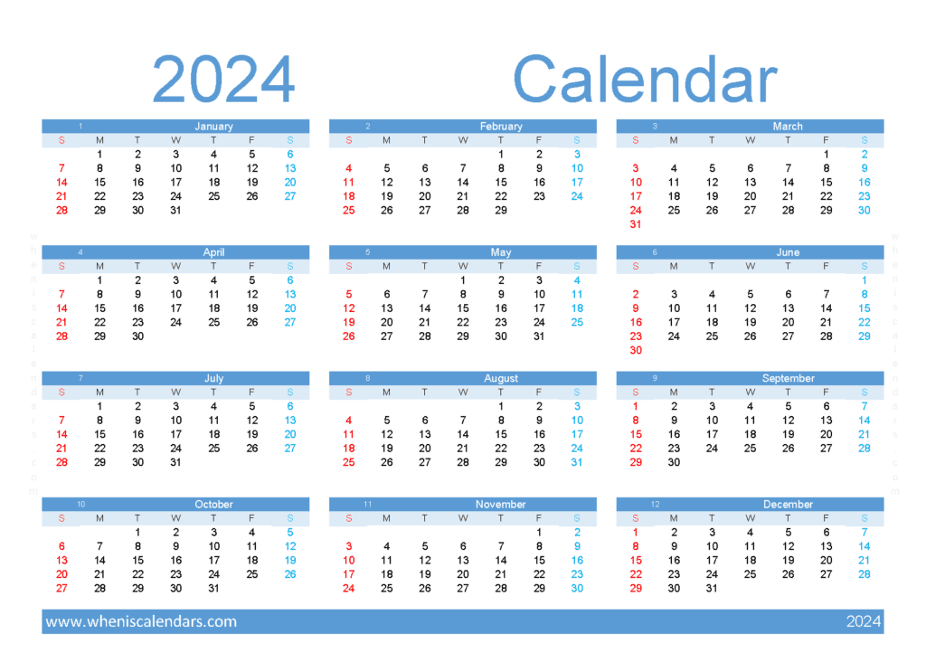 Download free print calendar 2024 A5 Horizontal (O4Y136)