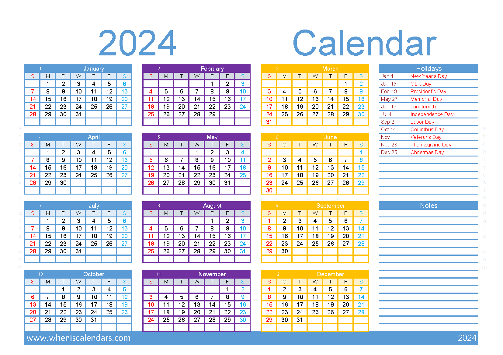 Download free 2024 Calendar with Holidays printable A5 in horizontal landscape