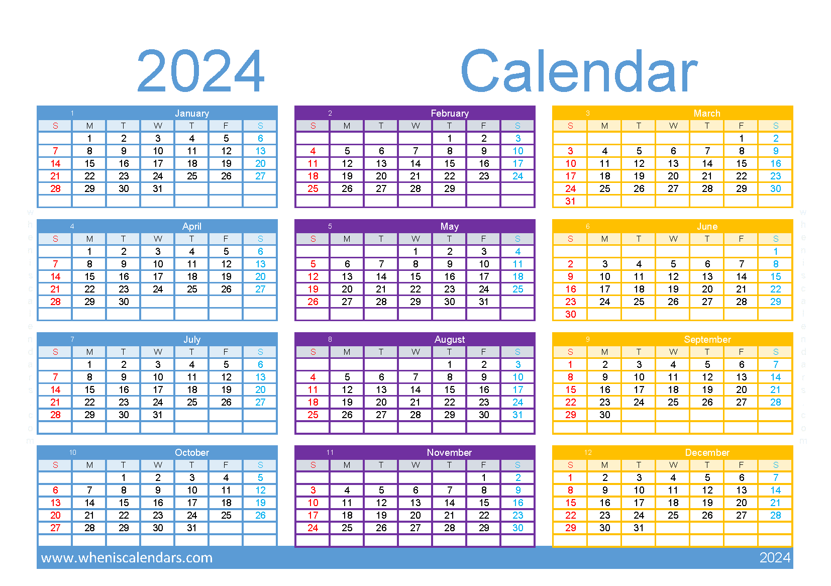 free printable Calendar 2024 Yearly A5 in Horizontal landscape colorful design