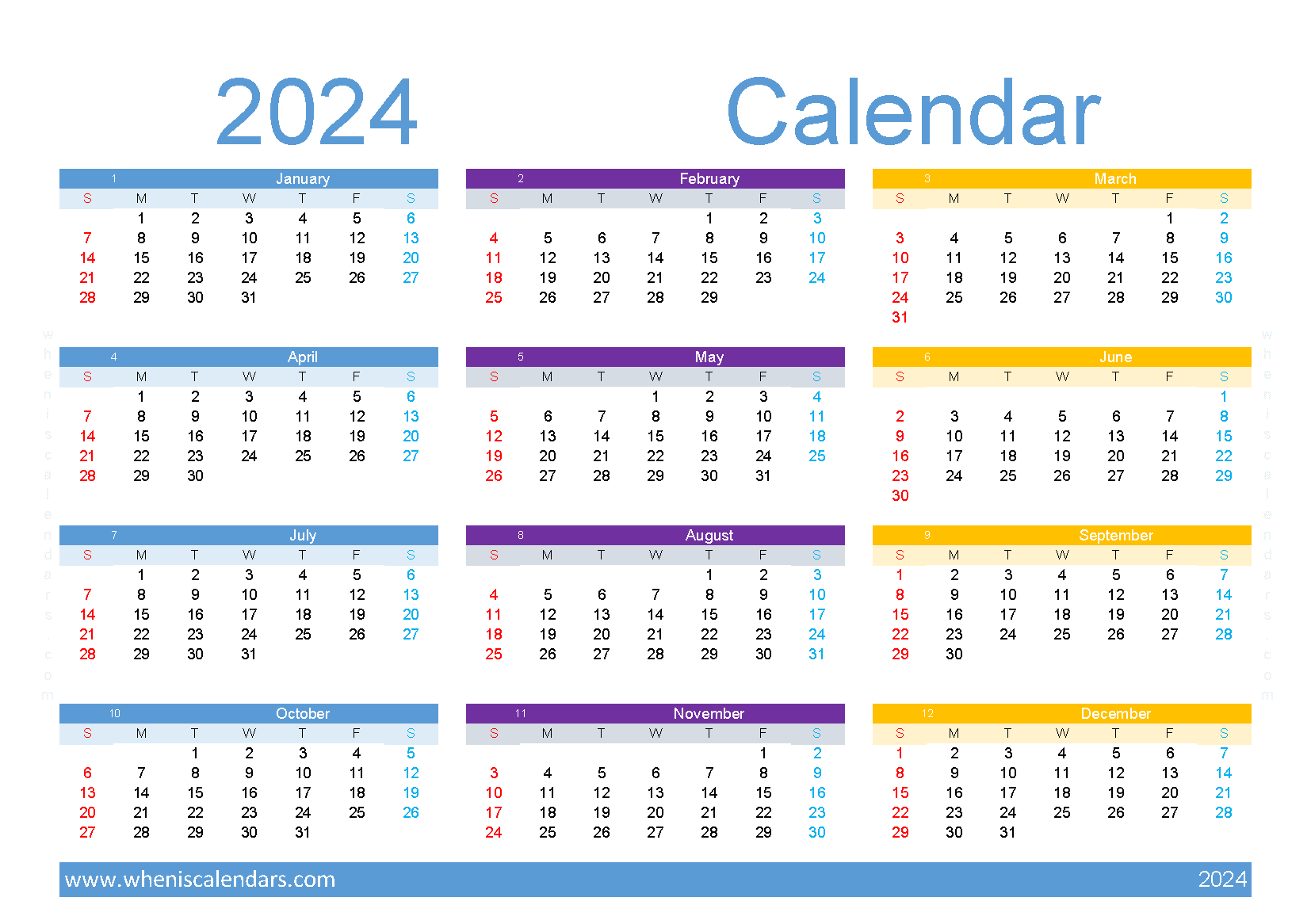 Download year at a glance calendar 2024 free printable A5 Horizontal (O4Y138)