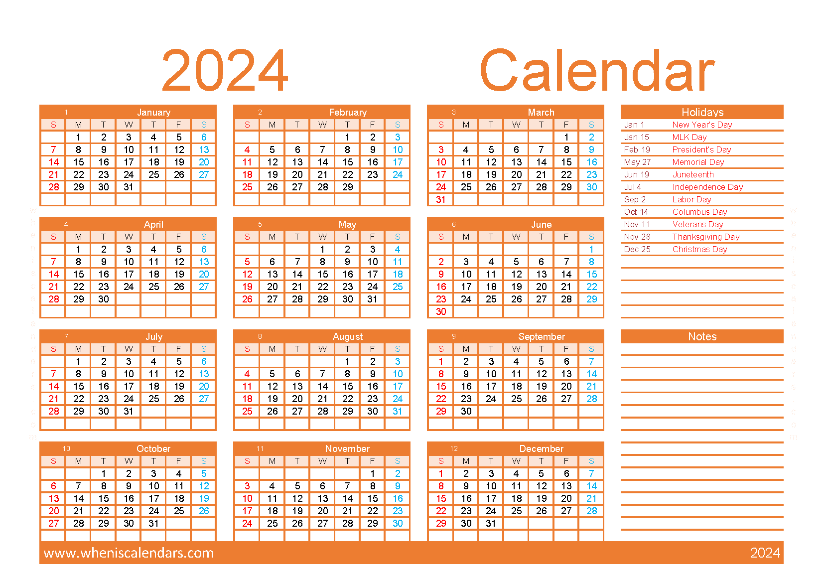 Download monthly calendar 2024 printable A5 Horizontal (O4Y051)