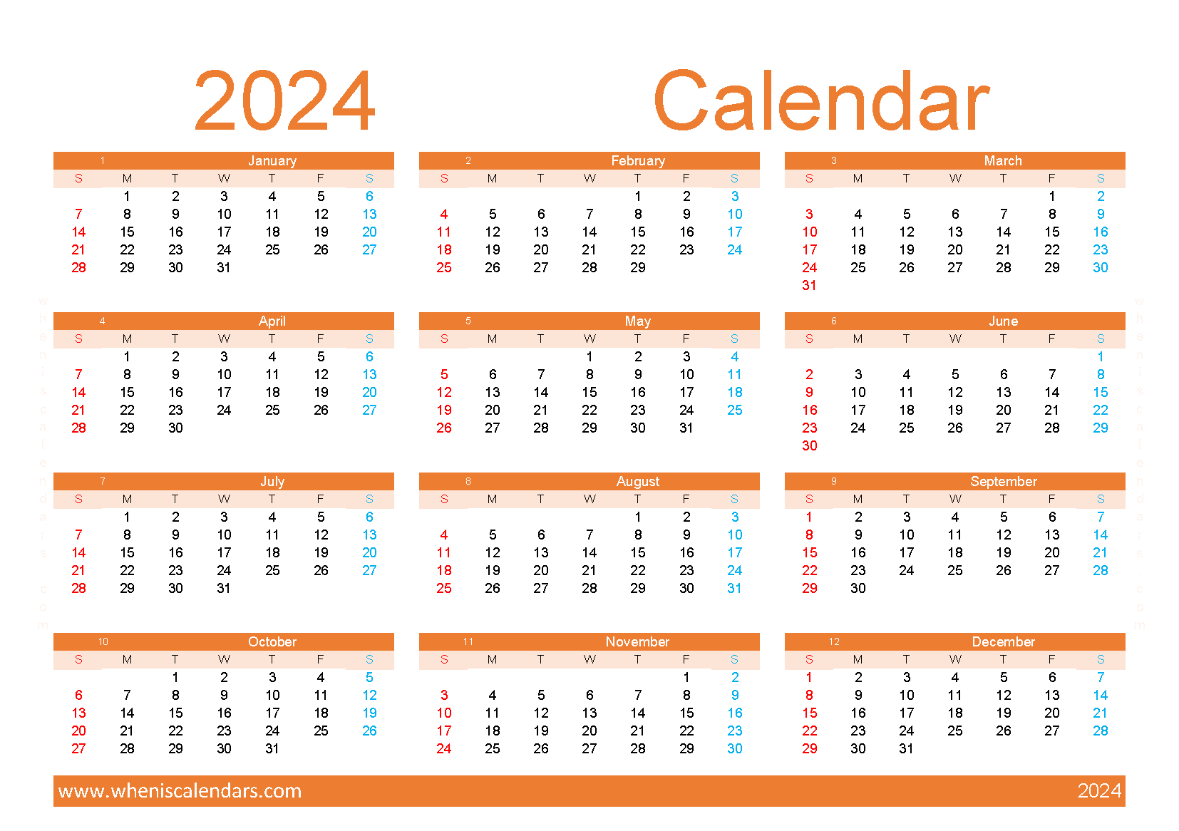 free printable Yearly Calendar 2024 A5 in Horizontal landscape colorful design