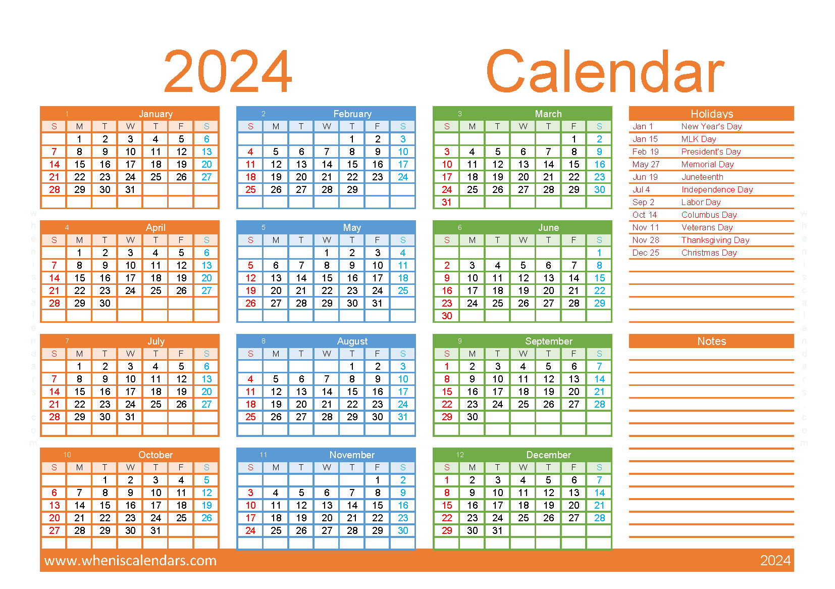 Download free printable 2024 Calendar with Holidays A5 in horizontal landscape