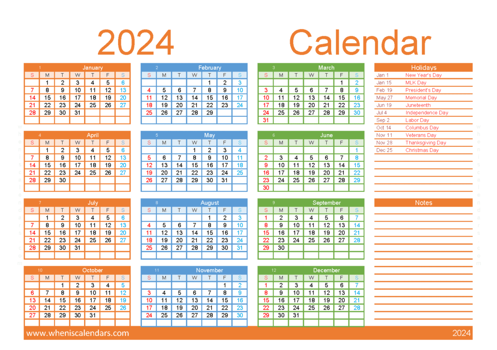 Download 2024 printable calendar pages A5 Horizontal (O4Y053)
