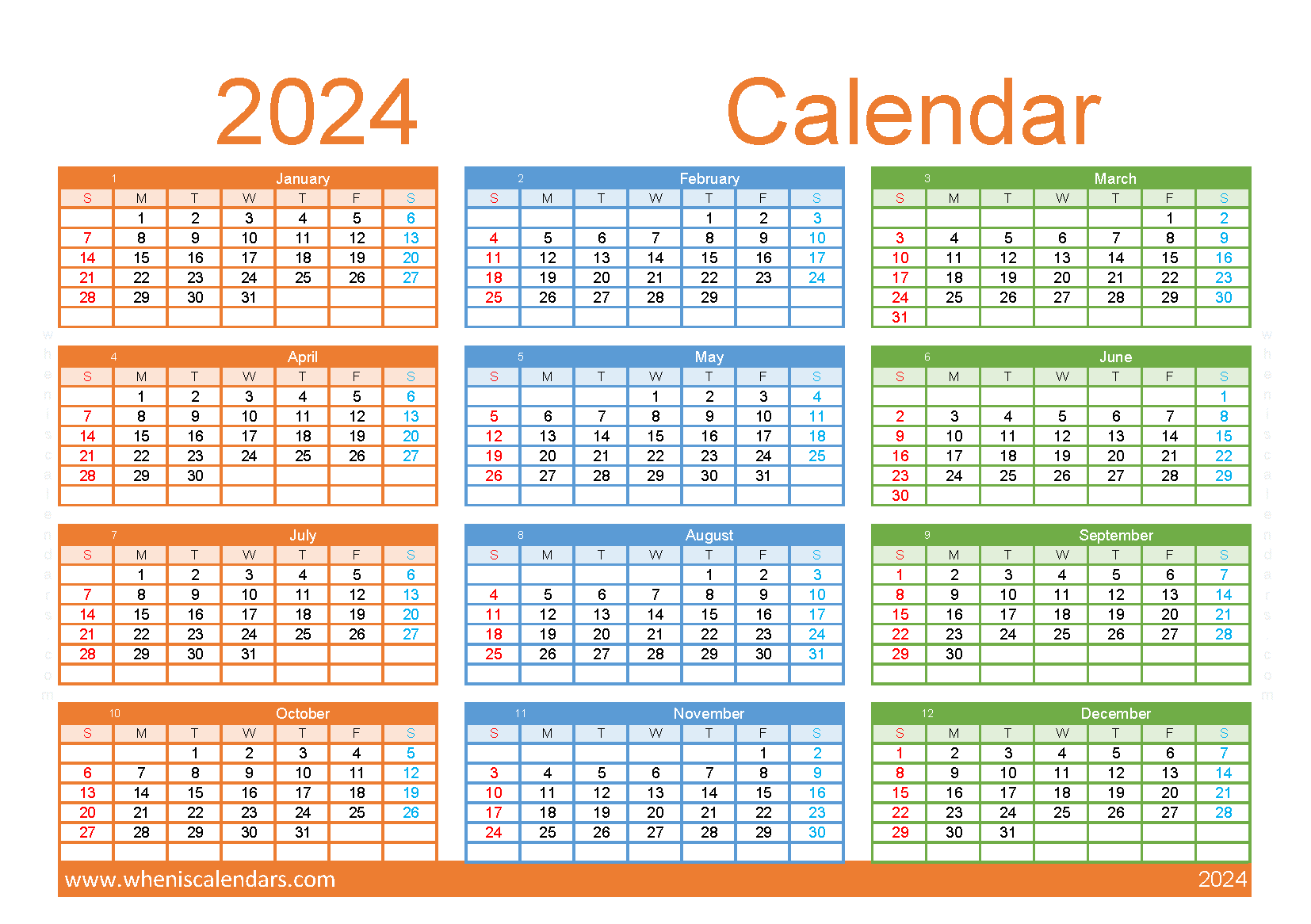 Download free 2024 calendar with holidays printable A5 Horizontal (O4Y141)