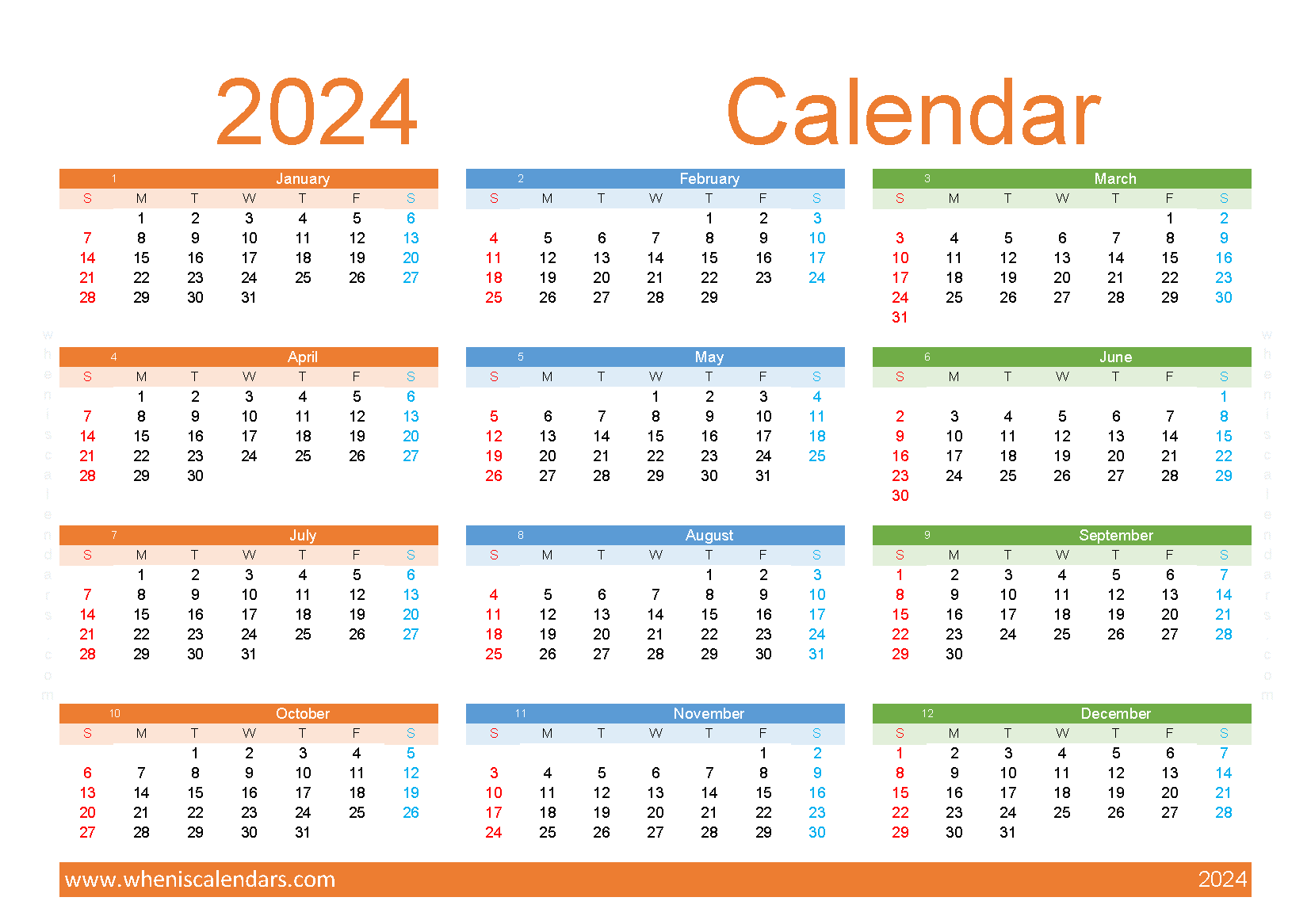 free printable Calendar 2024 A5 in Horizontal landscape colorful design