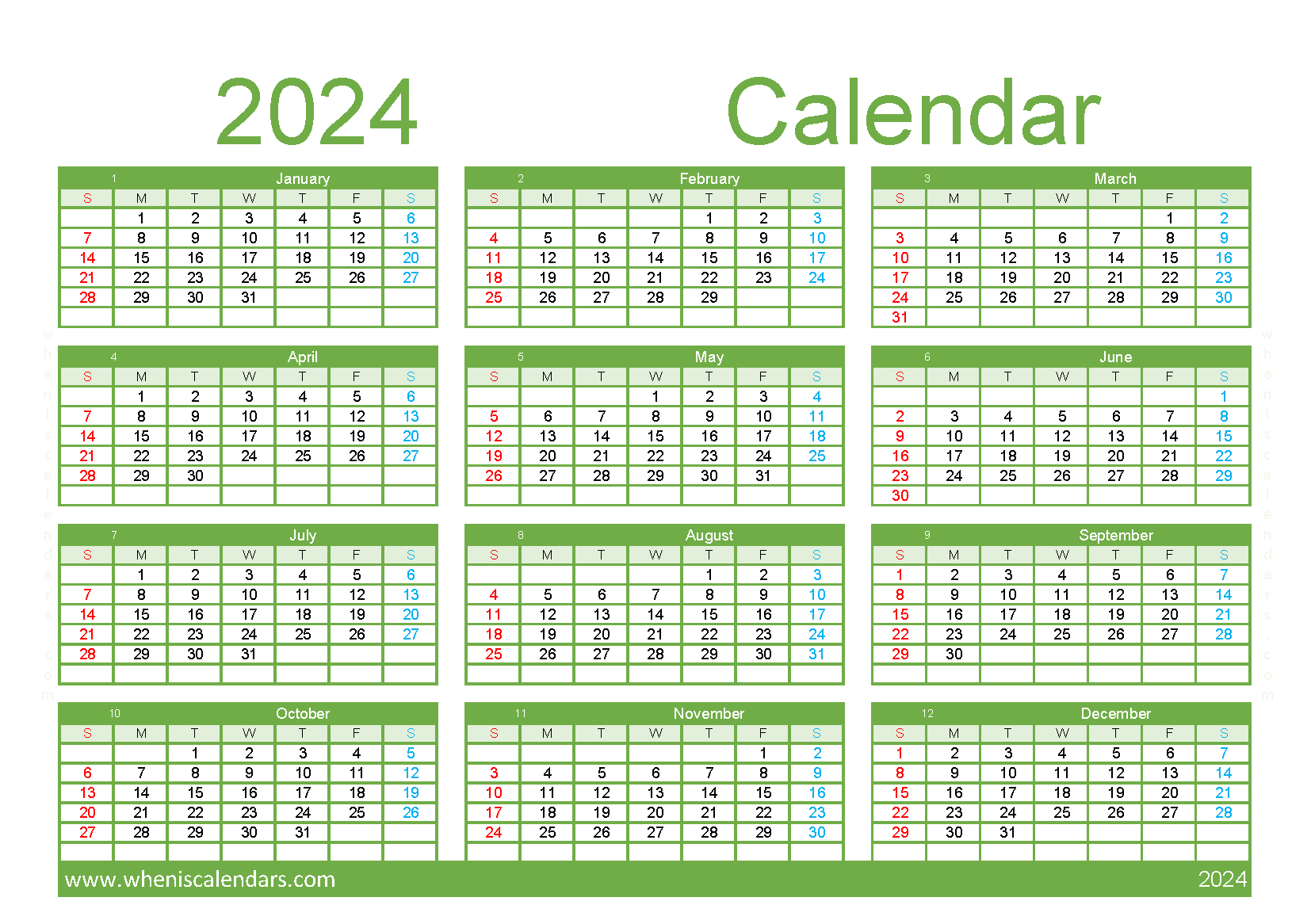 free Calendar 2024 printable A5 in Horizontal landscape colorful design