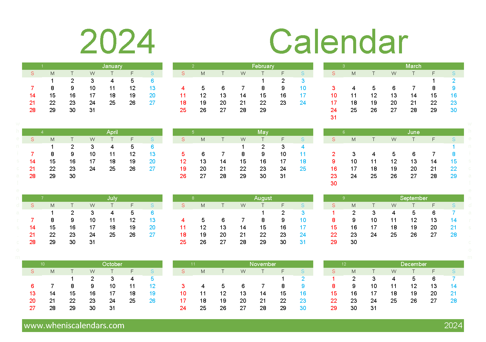 Download print a calendar com 2024 with holidays A5 Horizontal (O4Y144)
