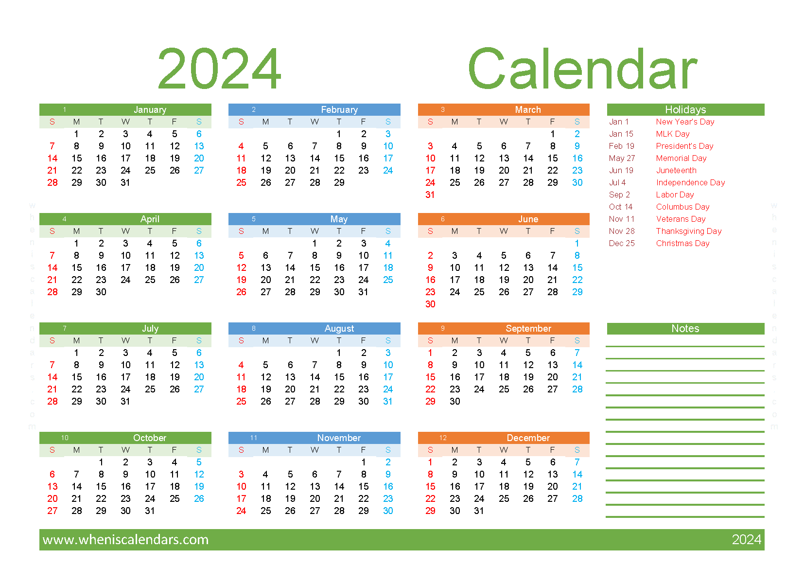 Download free 2024 calendar printable A5 Horizontal (O4Y058)
