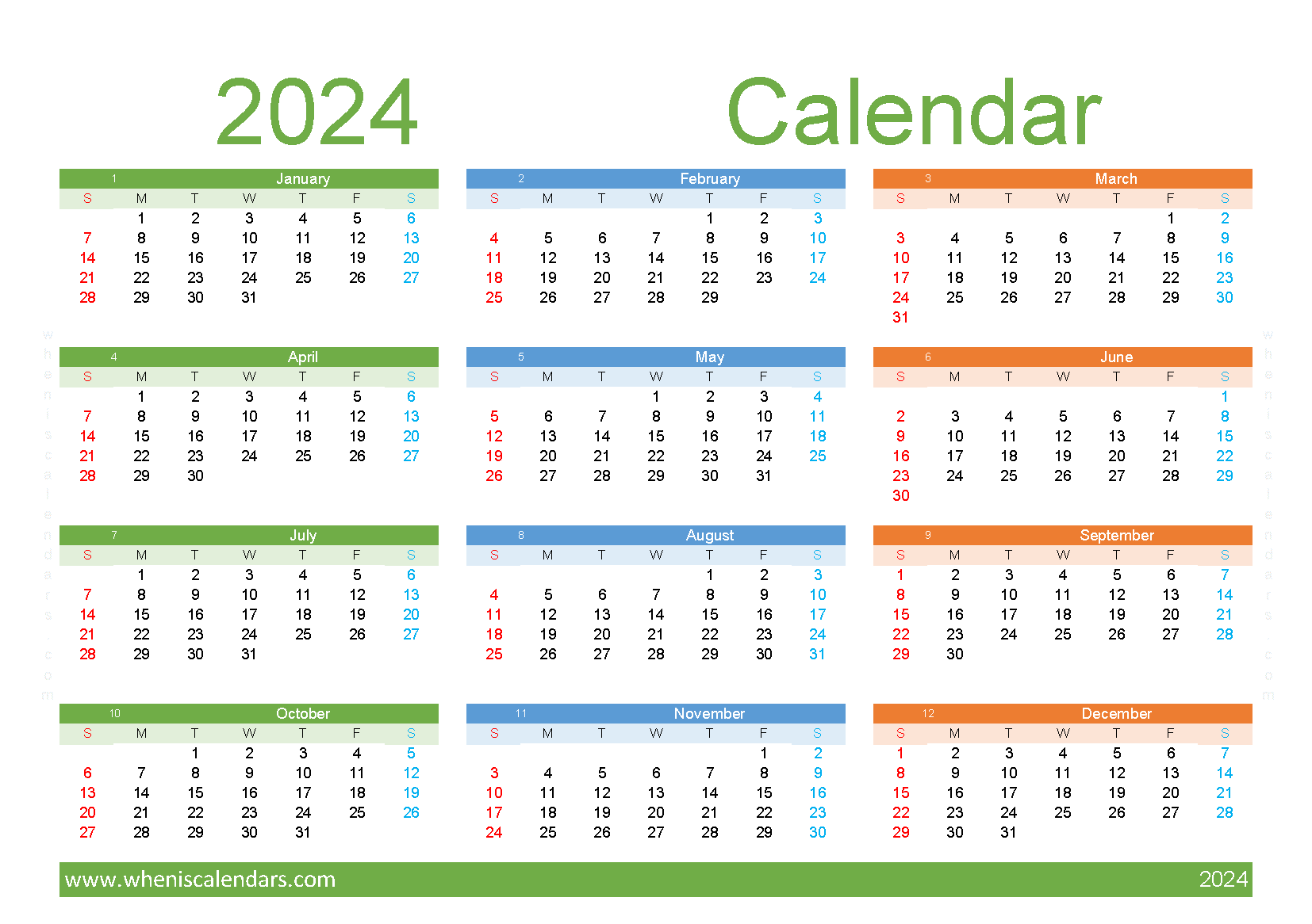 free Calendar 2024 with holidays printable A5 in Horizontal landscape colorful design