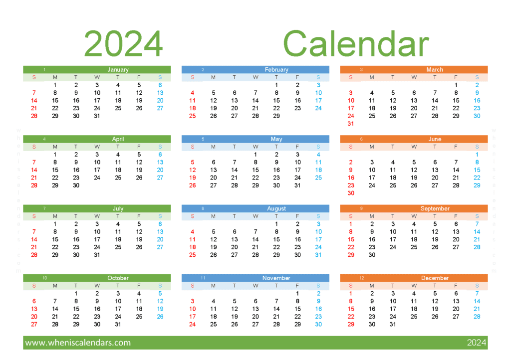 Download printable 12 month calendar 2024 A5 Horizontal (O4Y146)
